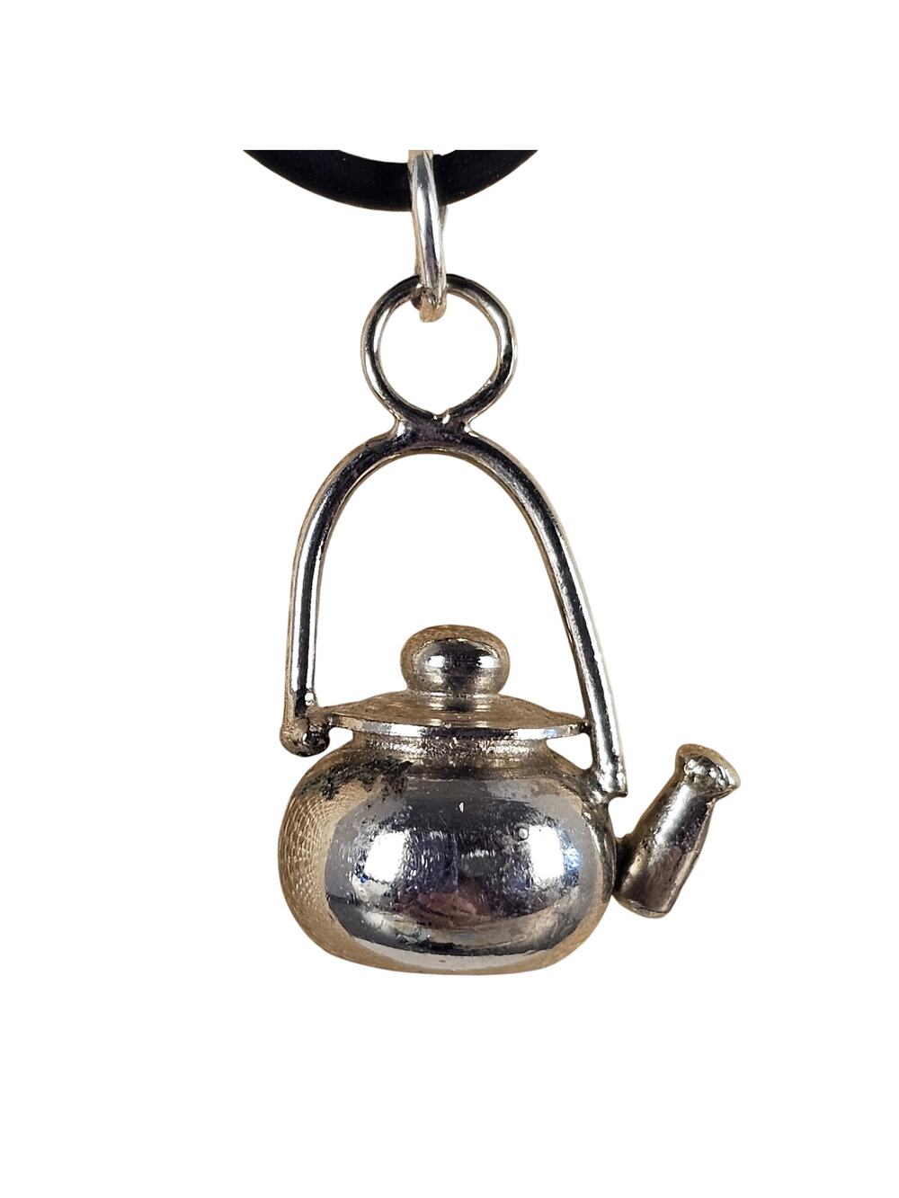Mini Silver Tone Tea Kettle Pendant Necklace Black Cord Choker 20” Cute Novelty